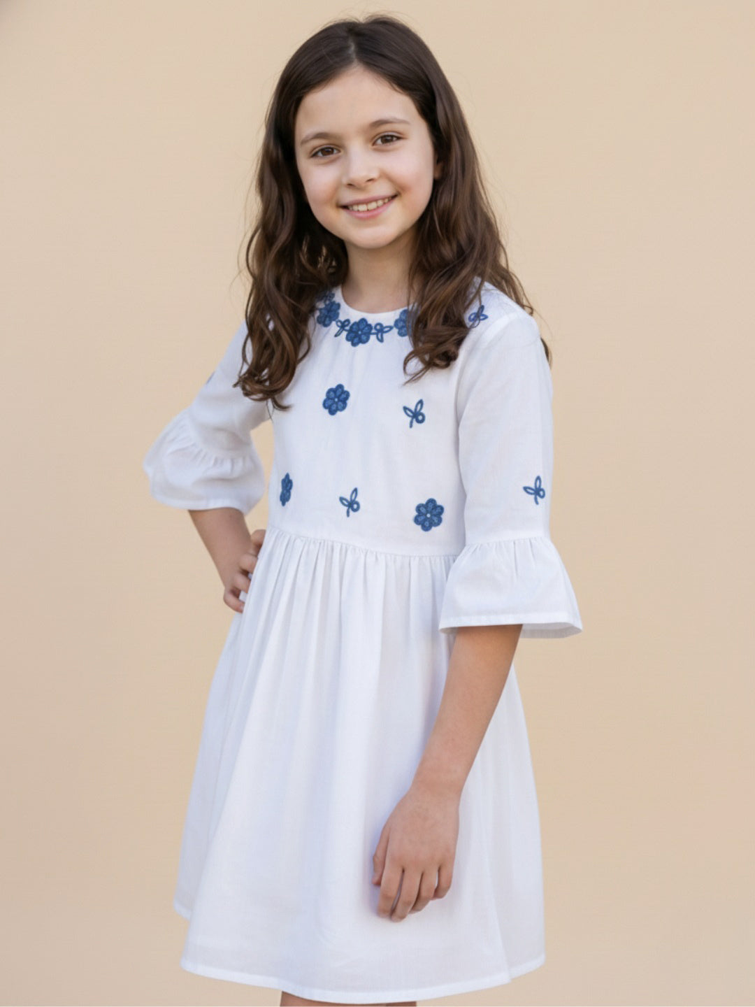 Elle White Cotton Solid Girls Dress