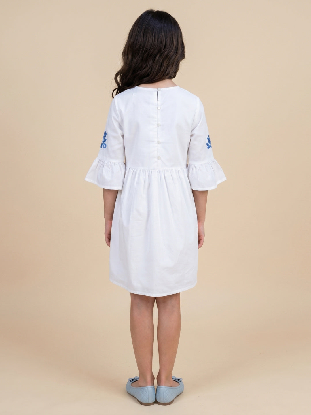 Elle White Cotton Solid Girls Dress