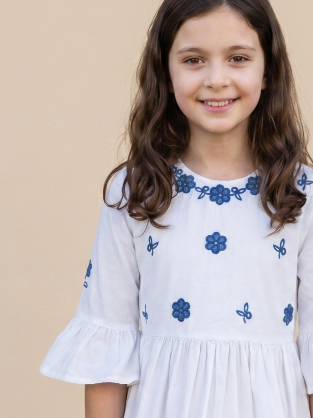 Elle White Cotton Solid Girls Dress