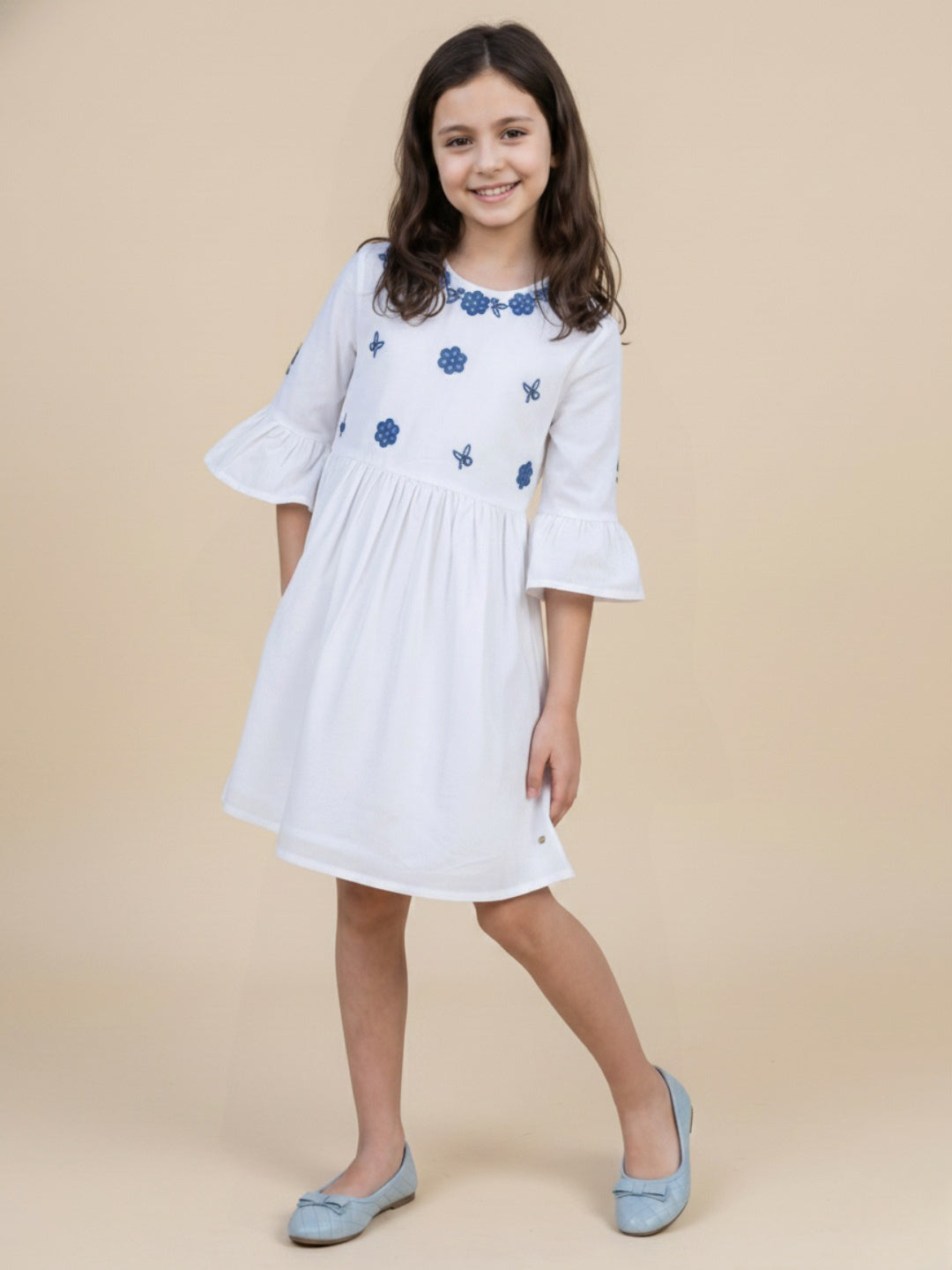 Elle White Cotton Solid Girls Dress