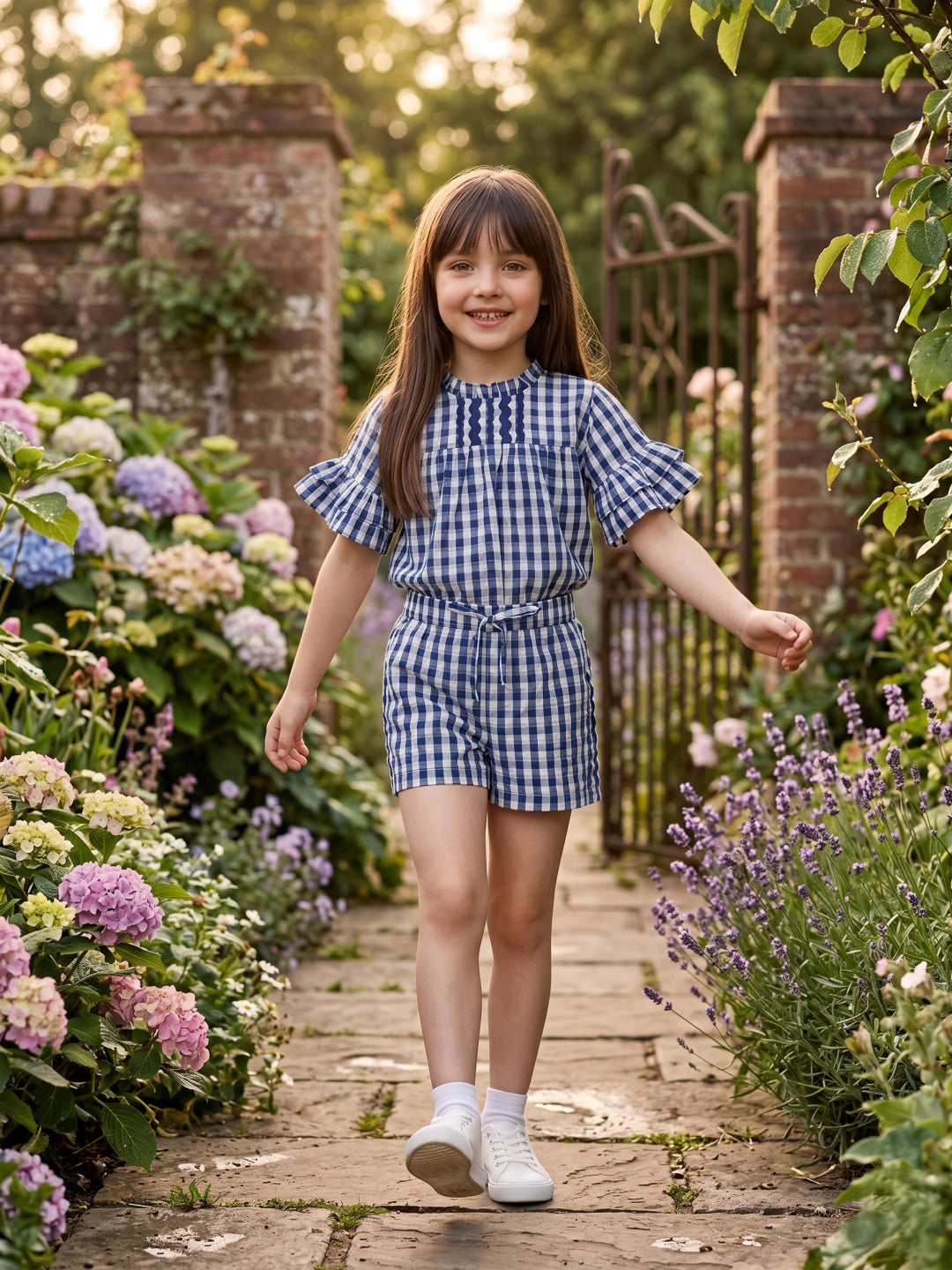 Elle Girls Blue Checked Regular Fit Shorts