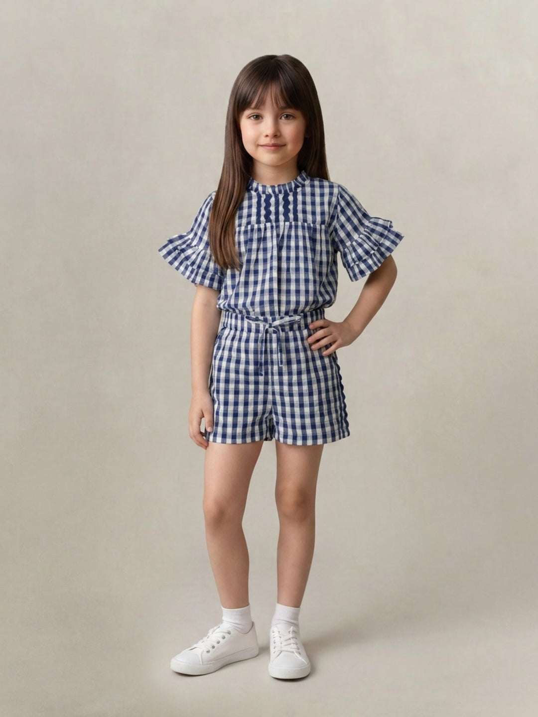 Elle Girls Blue Checked Regular Fit Shorts