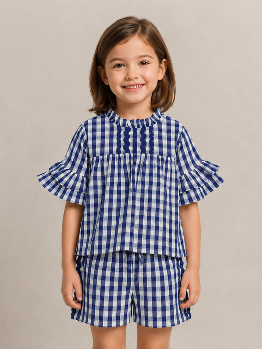 Elle Girls Blue Checked Flared Fit Top