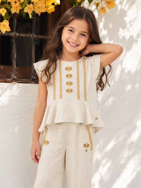 Elle Girls Beige Embroidered Flared Fit Top