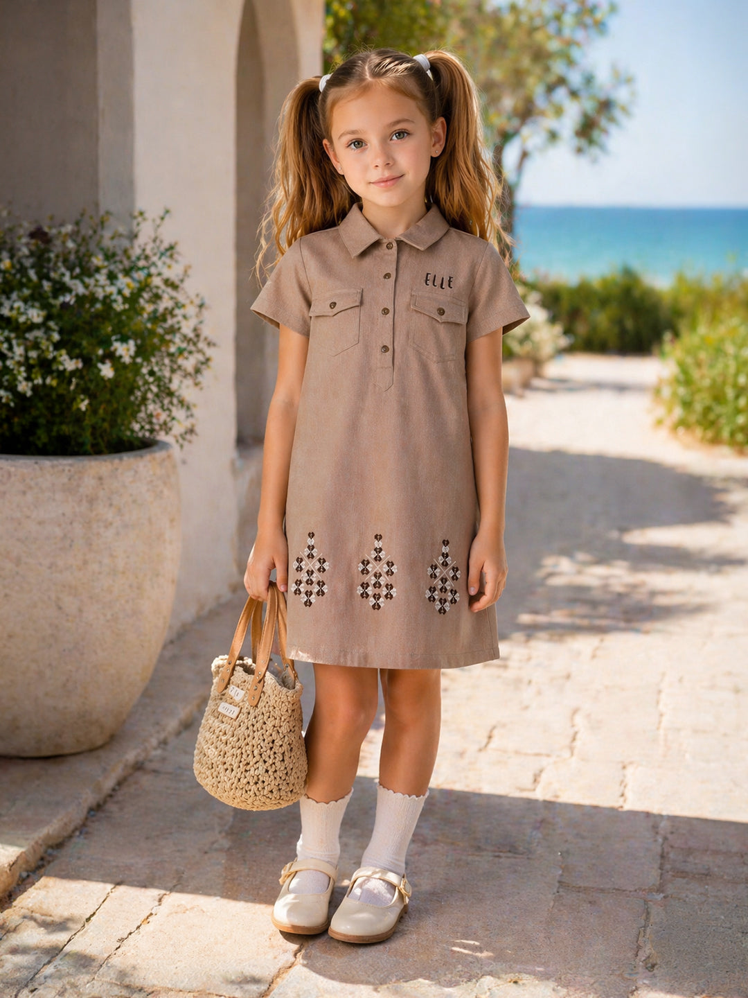 Elle Girls Beige Solid A-Line Fit Dress