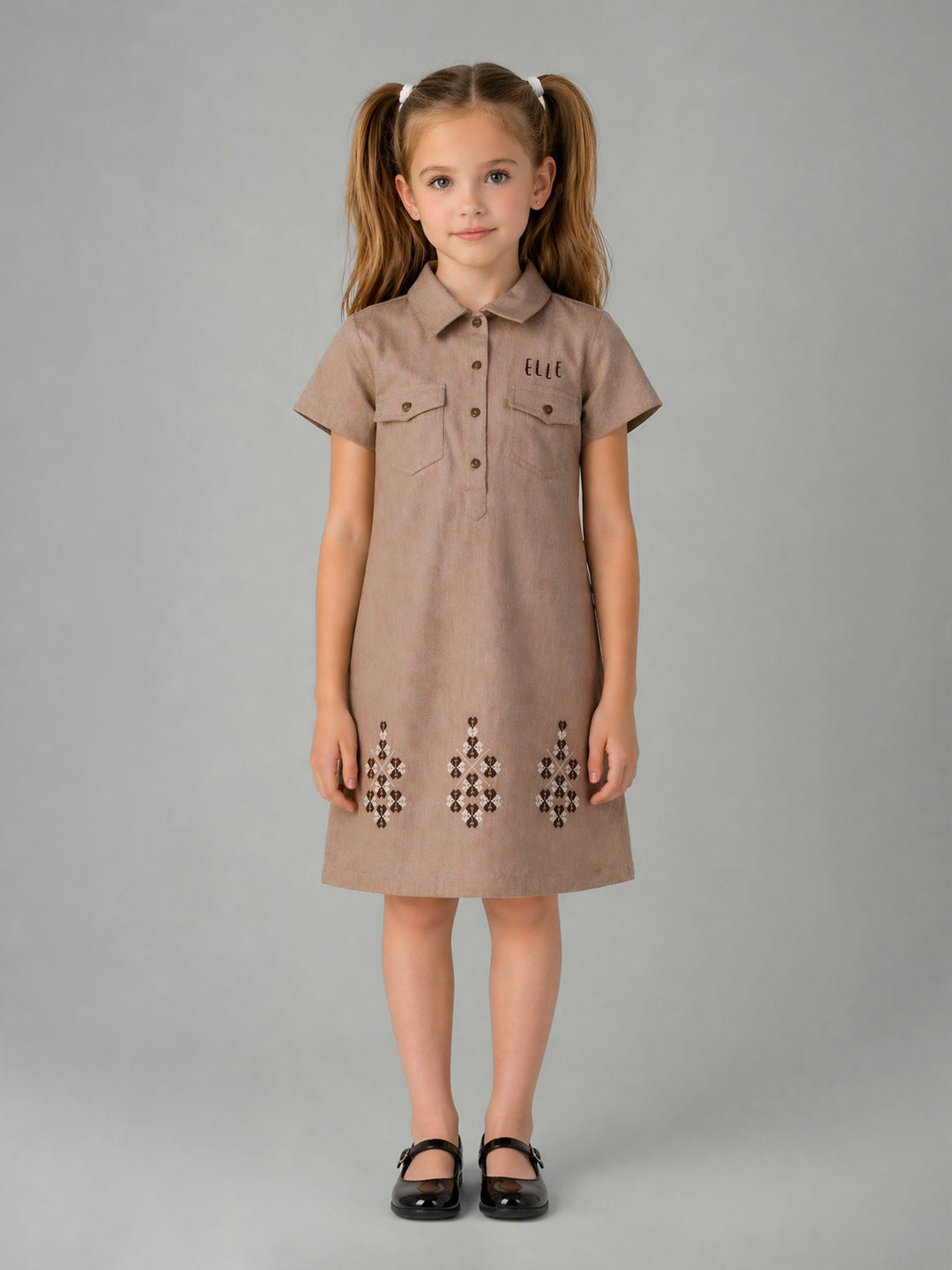Elle Girls Beige Solid A-Line Fit Dress