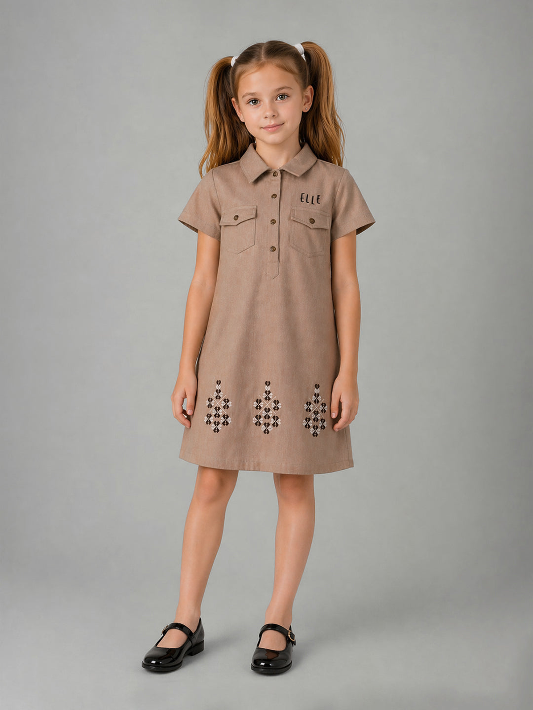Elle Girls Beige Solid A-Line Fit Dress
