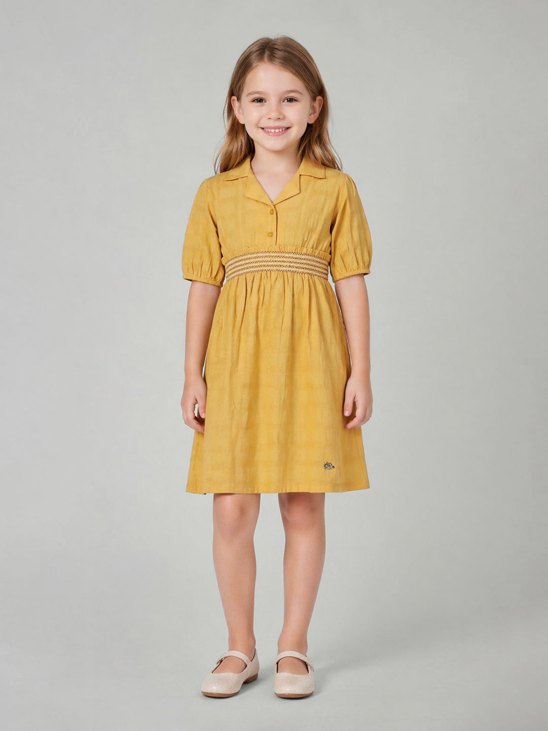 Elle Yellow Cotton Solid Girls Dress