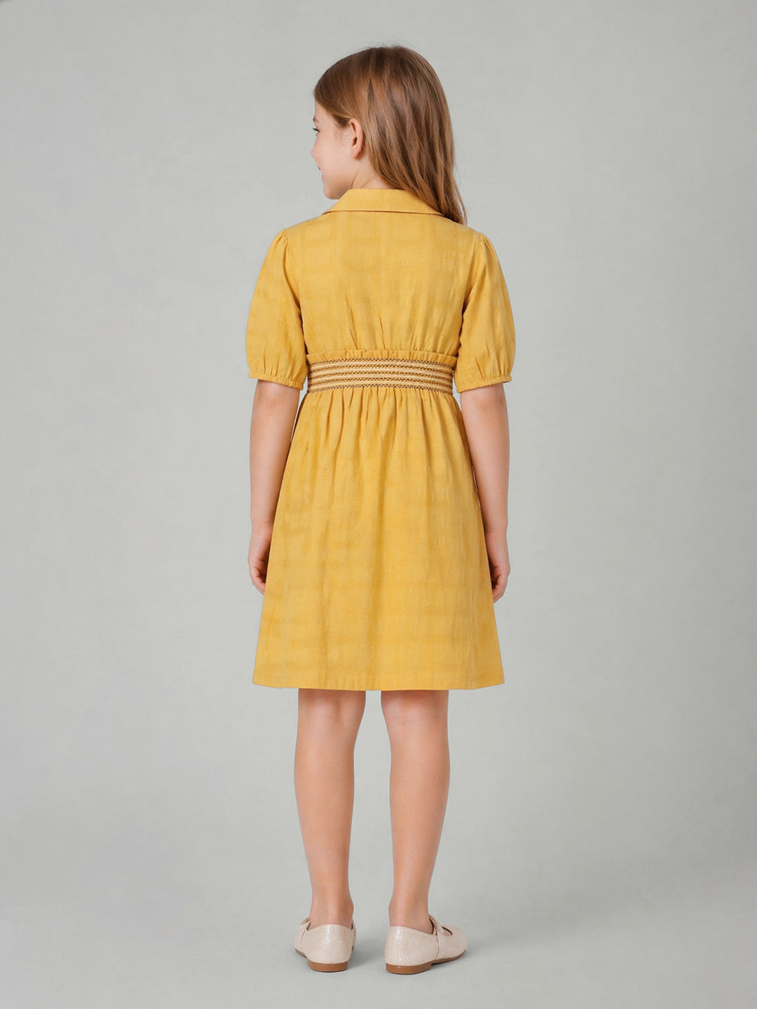 Elle Yellow Cotton Solid Girls Dress
