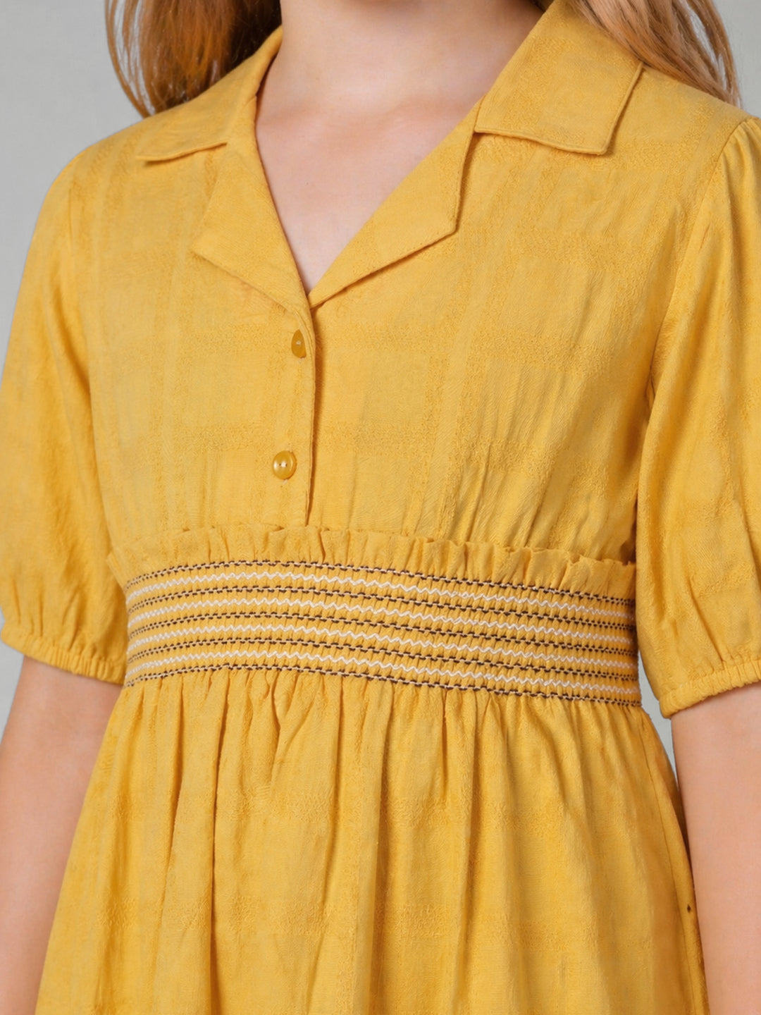 Elle Yellow Cotton Solid Girls Dress
