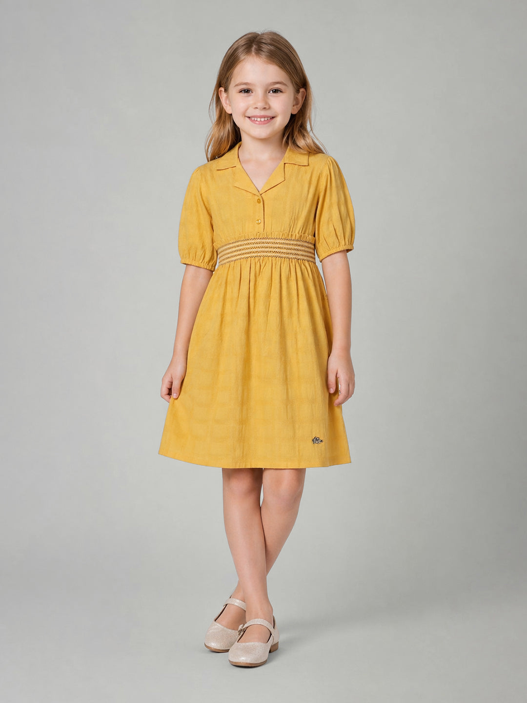 Elle Yellow Cotton Solid Girls Dress