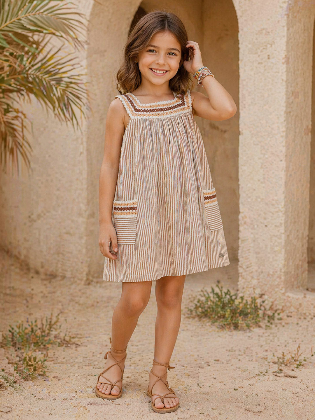 Elle Girls Beige Woven Design Flared Fit Dress
