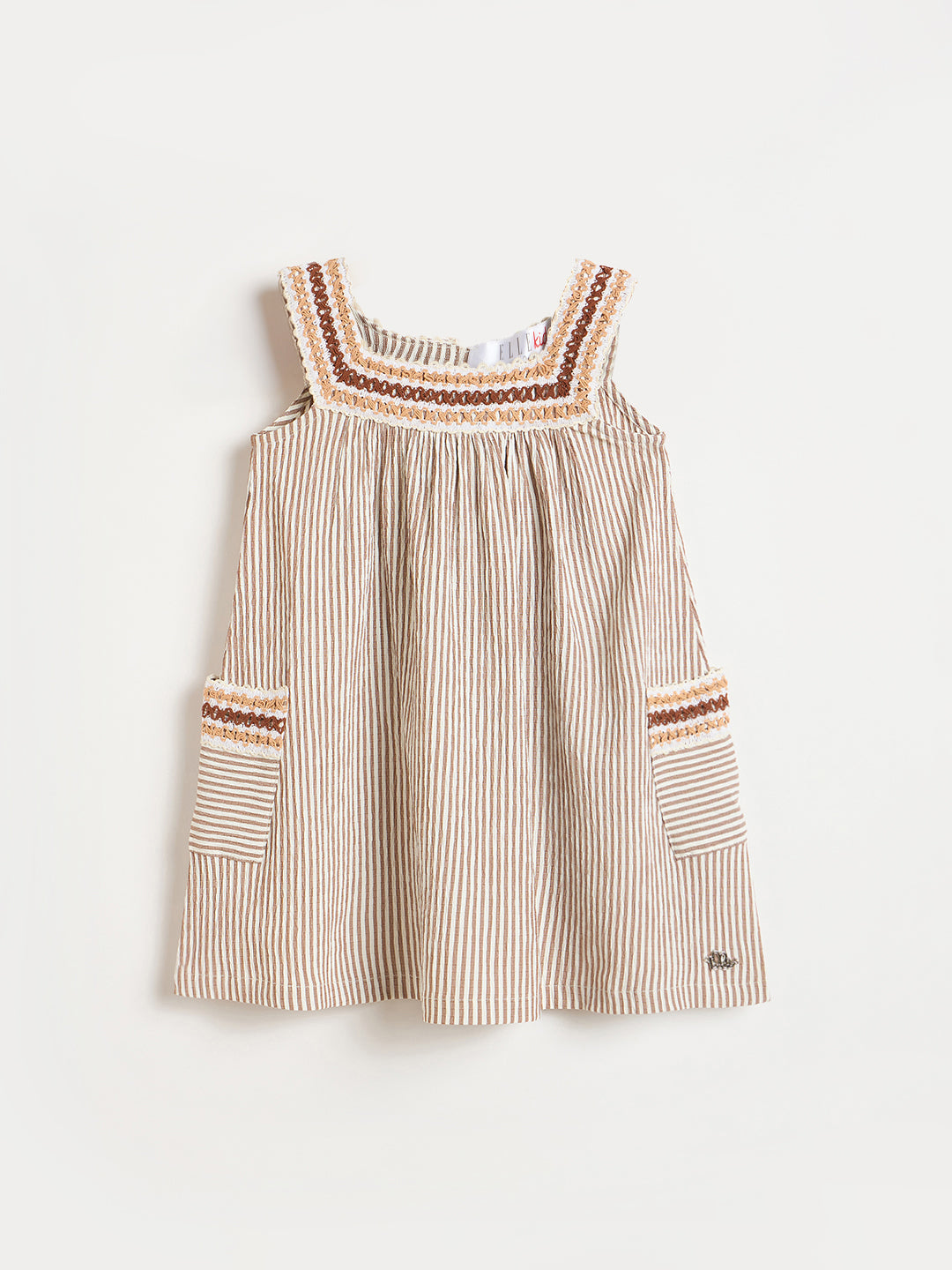 ELLE Girls Beige Woven Design Square Neck Dress