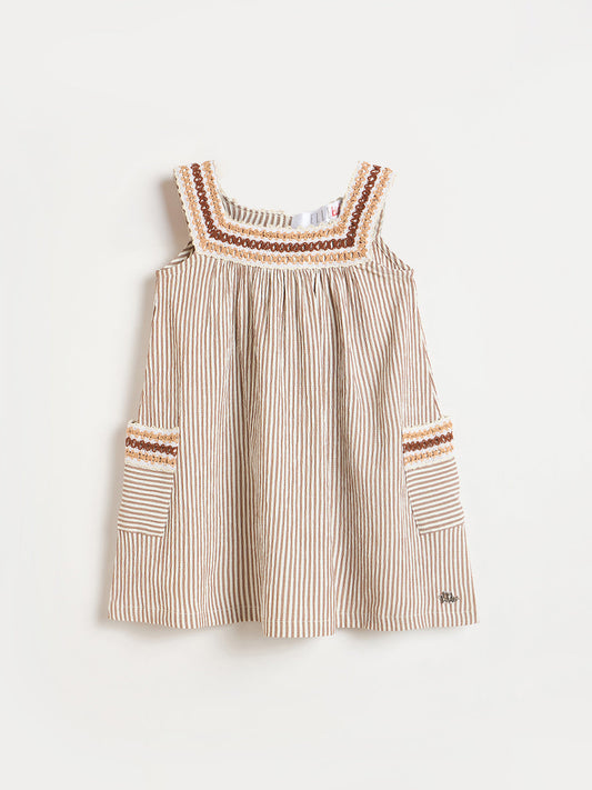 ELLE Girls Beige Woven Design Square Neck Dress