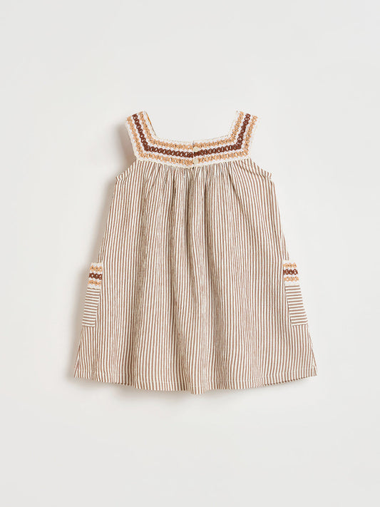 ELLE Girls Beige Woven Design Square Neck Dress