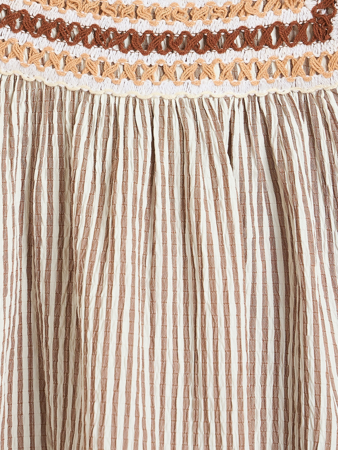 ELLE Girls Beige Woven Design Square Neck Dress