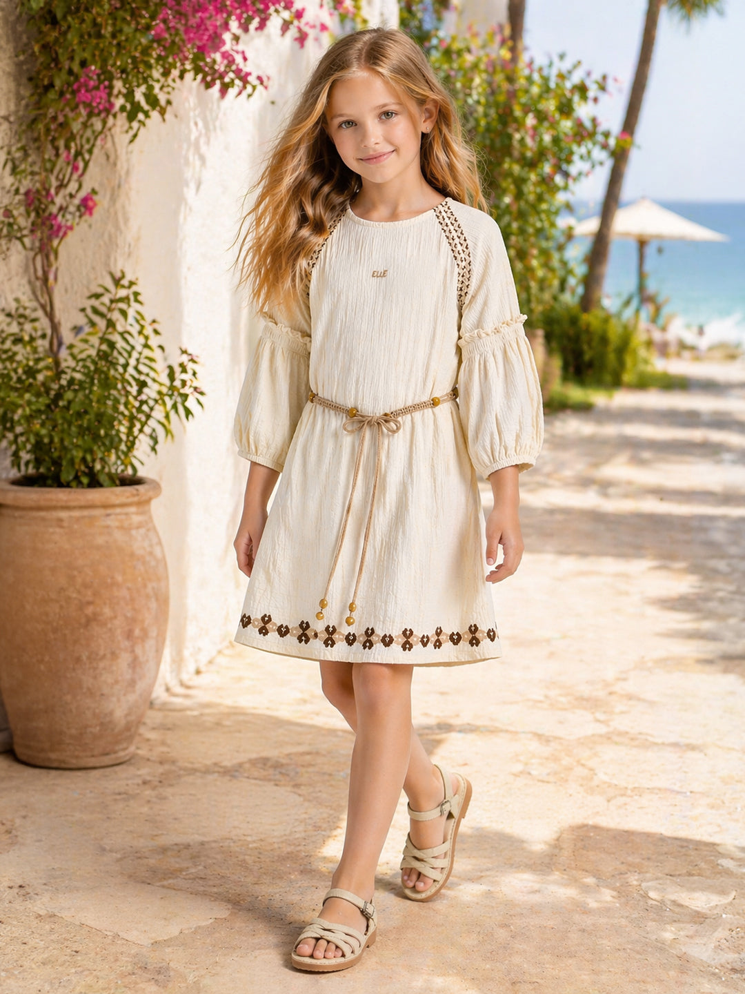 Elle Cream Solid Girls Dress