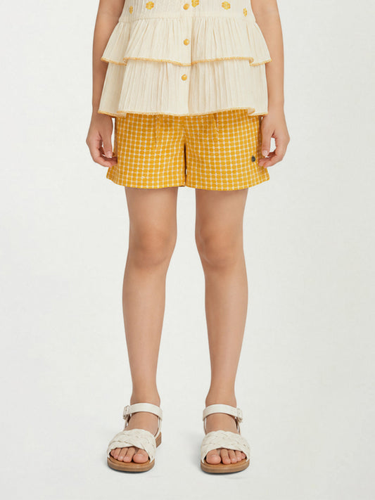 Elle Yellow Cotton Checks Girls Shorts
