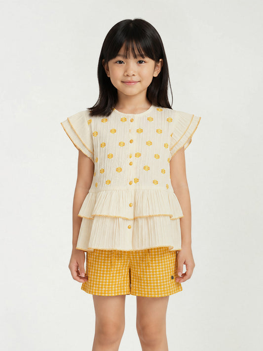 Elle Cream Cotton Printed Girls Top