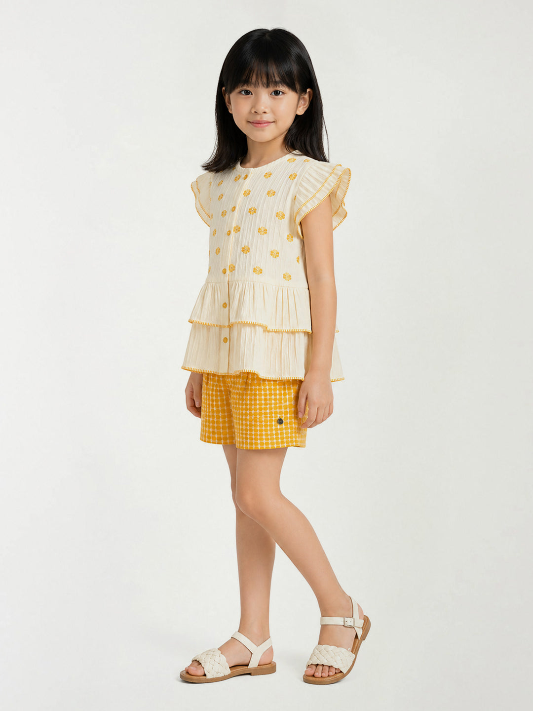 Elle Cream Cotton Printed Girls Top
