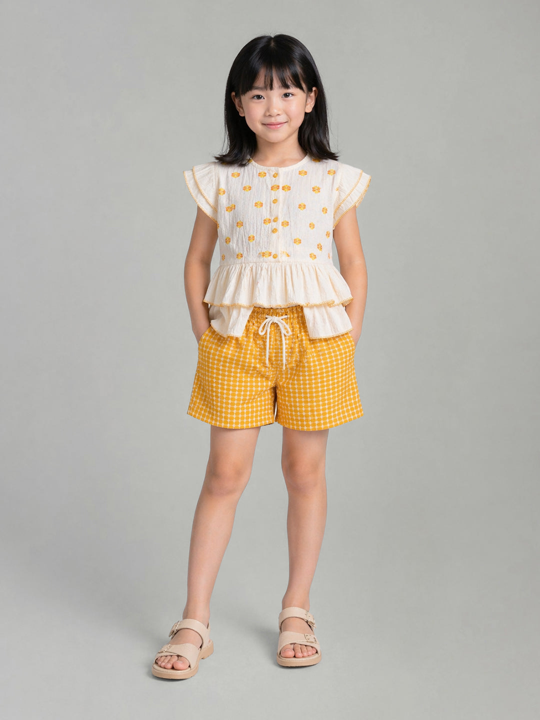 Elle Yellow Cotton Checks Girls Shorts