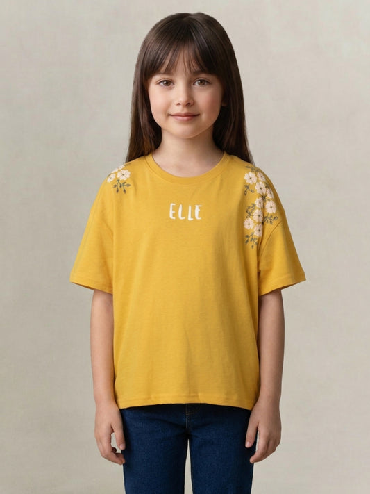Elle Girls Yellow Printed Pure Cotton T-Shirt