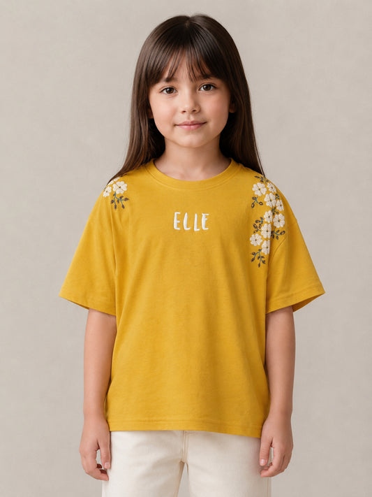 Elle Girls Yellow Printed Oversized Pure Cotton T-Shirt