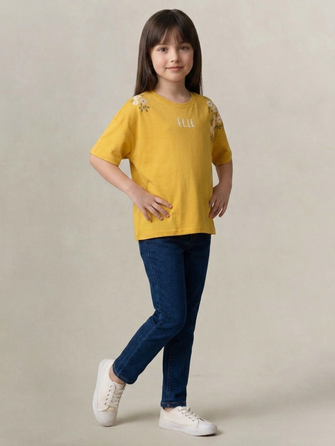 Elle Girls Yellow Printed Pure Cotton T-Shirt