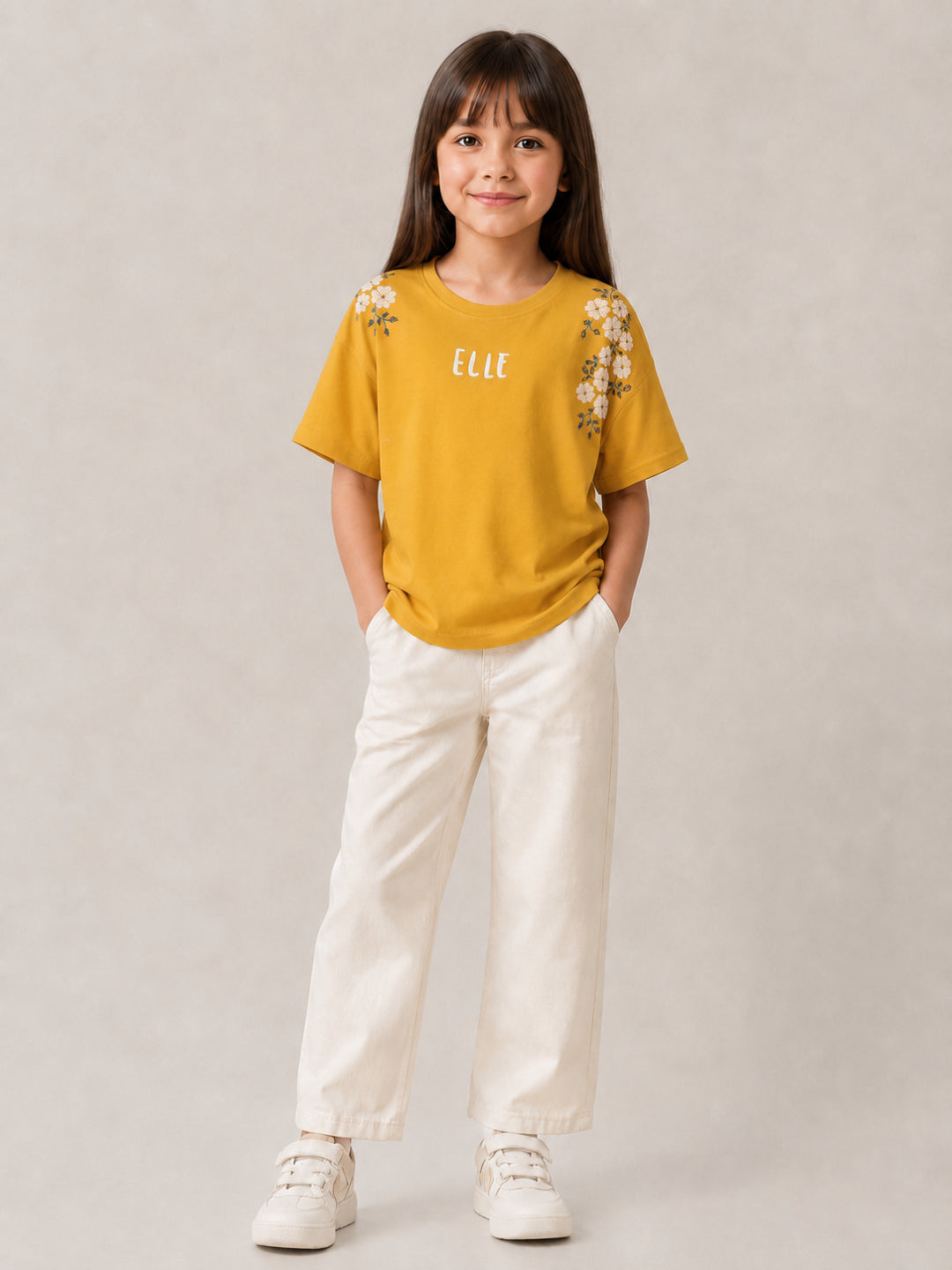 Elle Girls Yellow Printed Oversized Pure Cotton T-Shirt