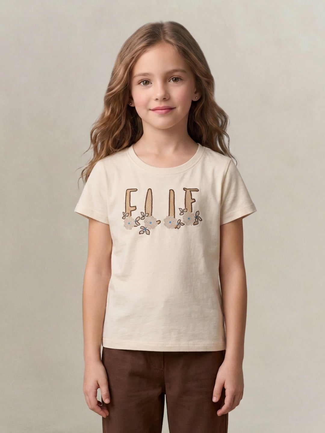 Elle Girls Cream Solid Regular Fit Pure Cotton T-Shirt