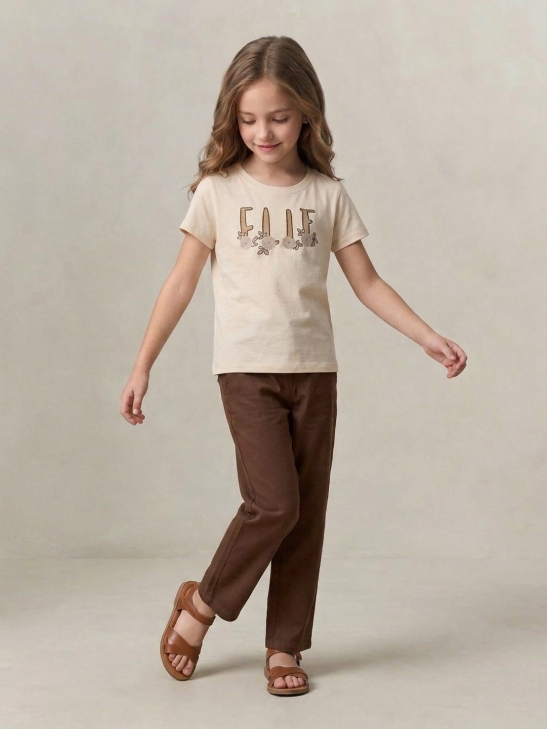 Elle Girls Cream Solid Regular Fit Pure Cotton T-Shirt