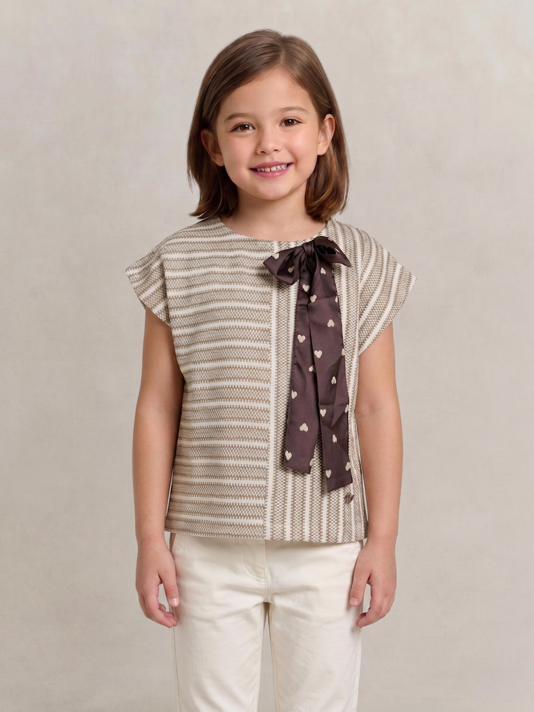 Elle Girls Beige Striped Regular Fit Top