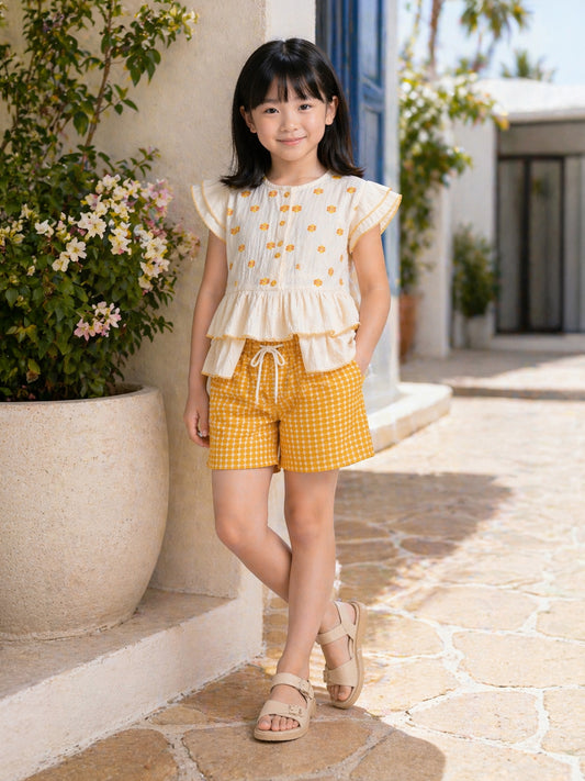 Elle Cream Cotton Printed Girls Top