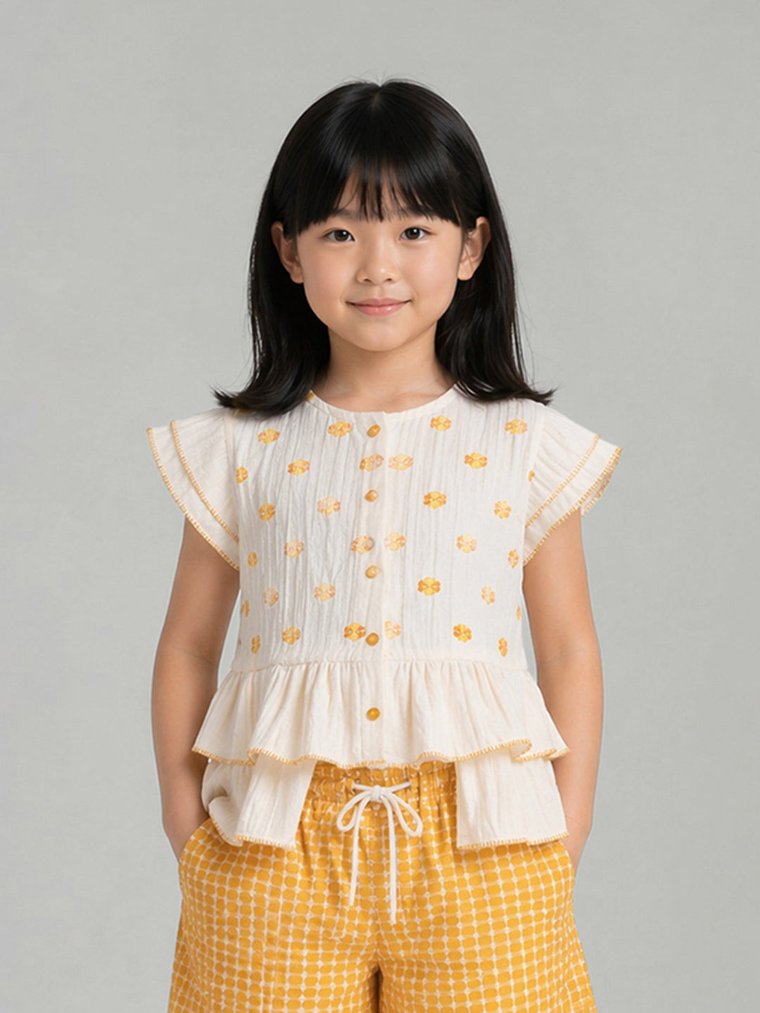 Elle Cream Cotton Printed Girls Top