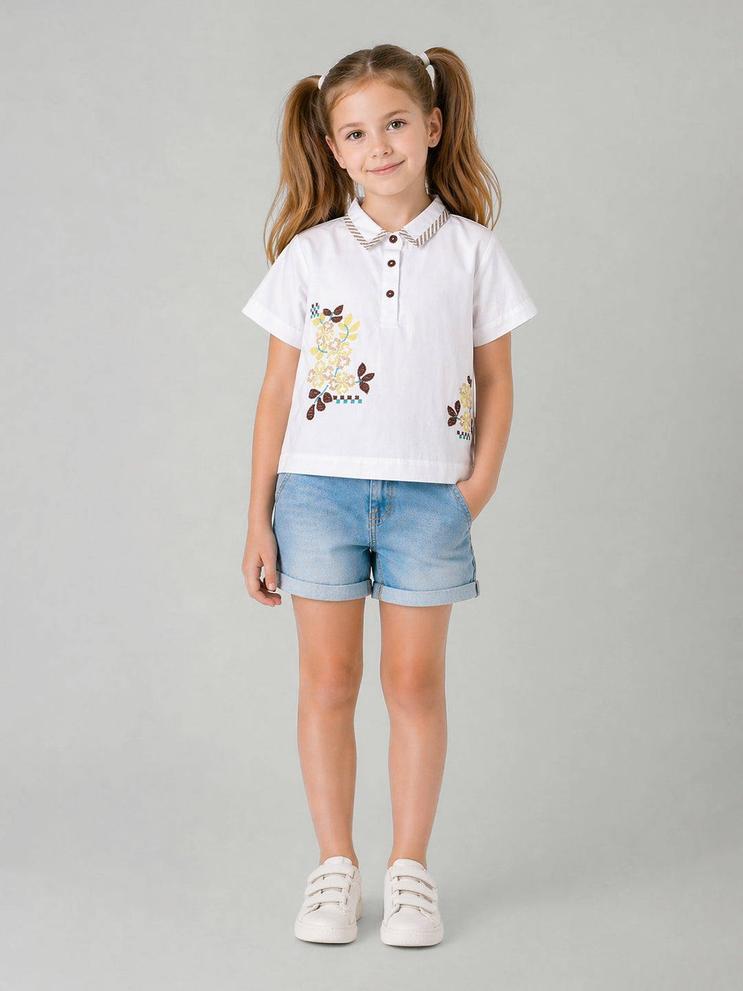 Elle Girls White Embroidered Flared Top