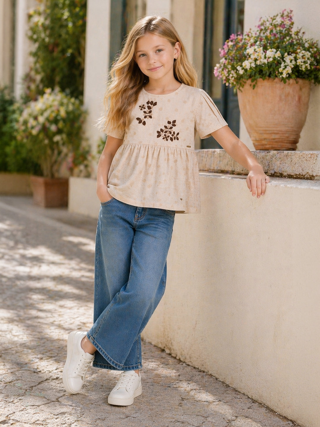 Elle Beige Embroidered Girls Top