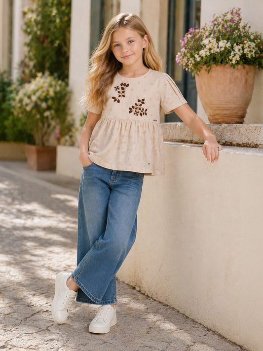 Elle Beige Embroidered Girls Top