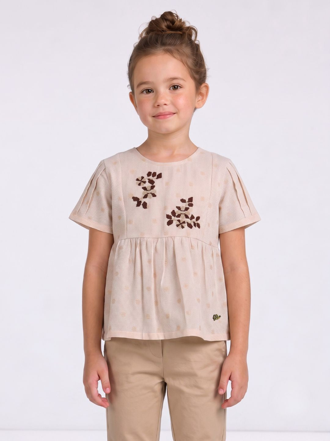 Elle Girls Beige Embroidered Flared Top