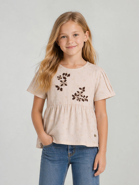 Elle Beige Embroidered Girls Top