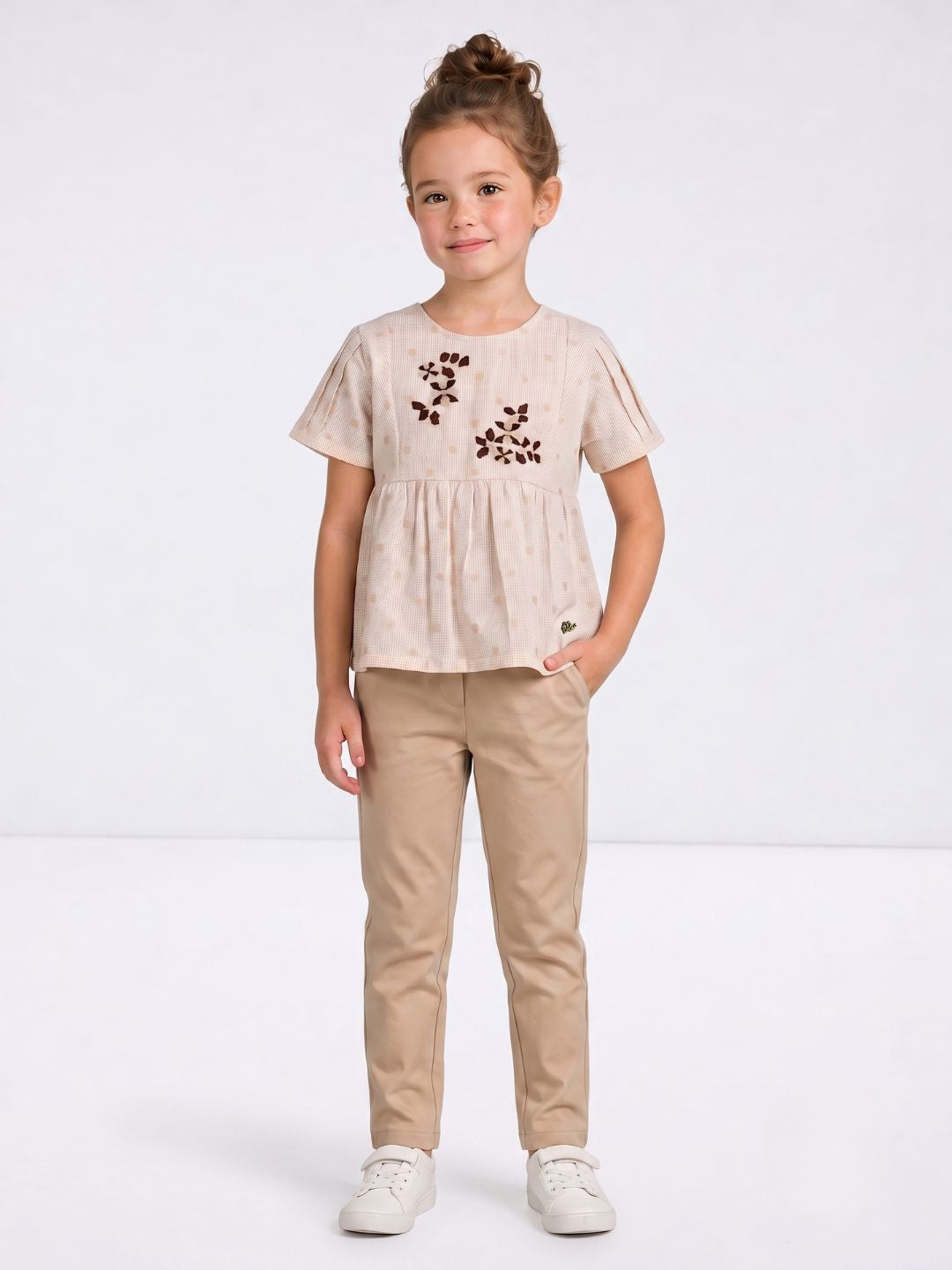 Elle Girls Beige Embroidered Flared Top