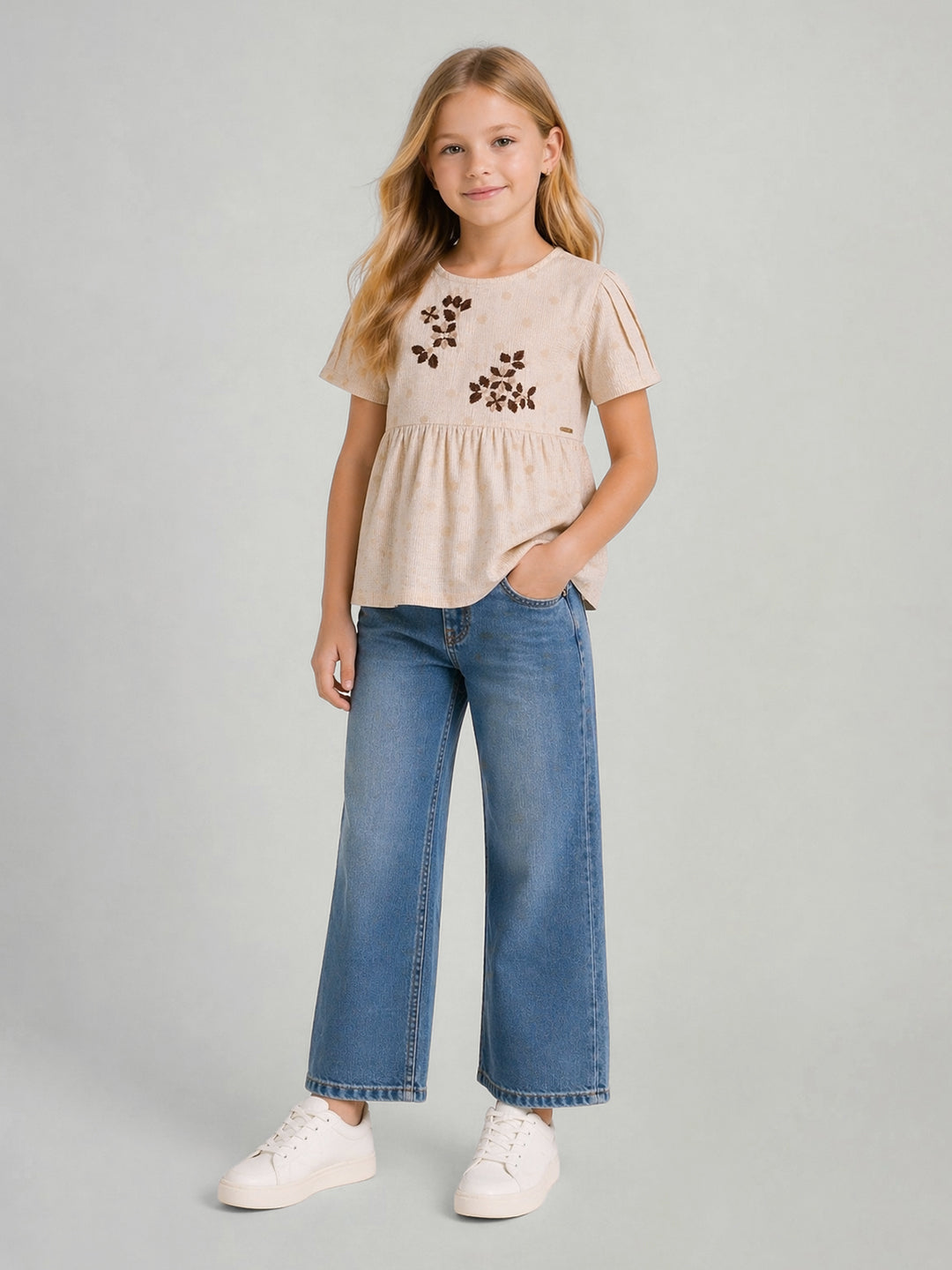 Elle Beige Embroidered Girls Top