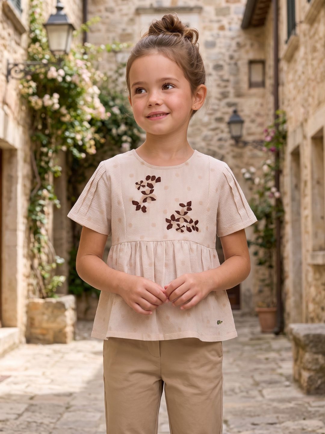 Elle Girls Beige Embroidered Flared Top