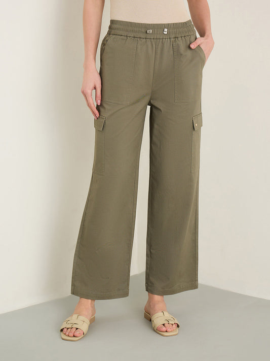 Elle Women Olive Green Solid Relaxed Fit Pure Cotton Cargo Pant