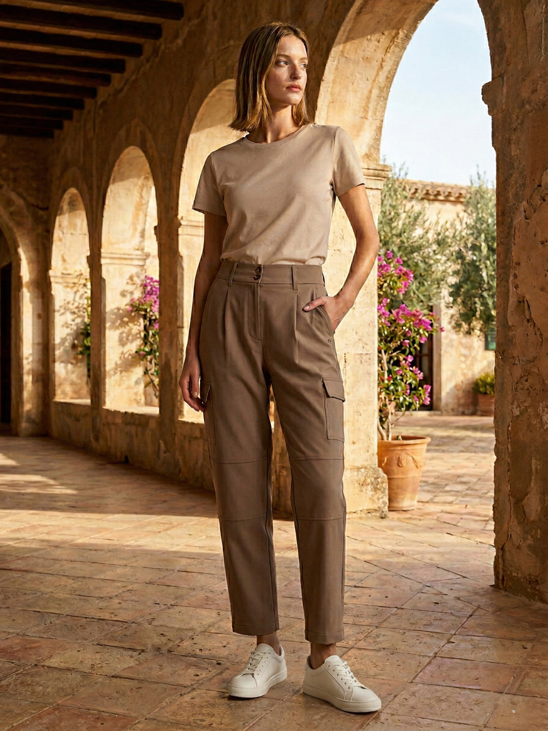 Elle Women Beige Relaxed Fit High Rise Cargo Pants