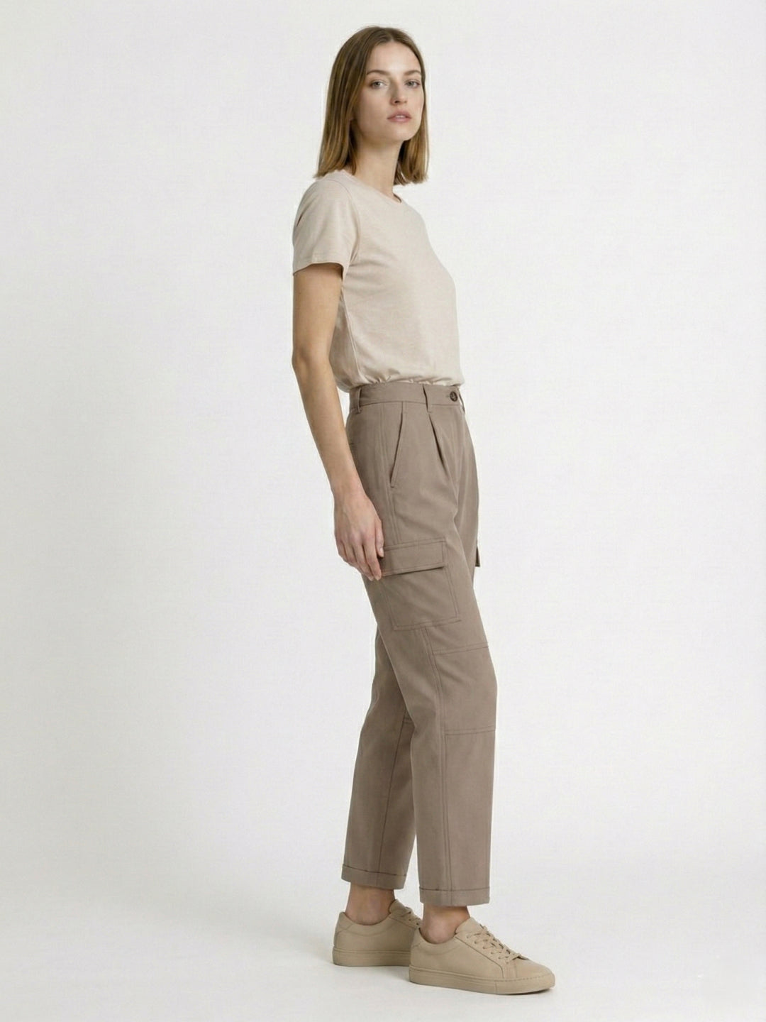 Elle Women Beige Relaxed Fit High Rise Cargo Pants