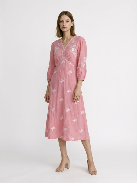 Elle Women Pink Embroidered Flared Fit Dress