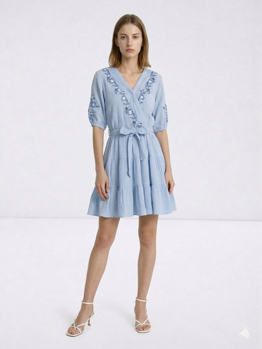 Elle Women Blue Embroidered Flared Fit Cotton Dress