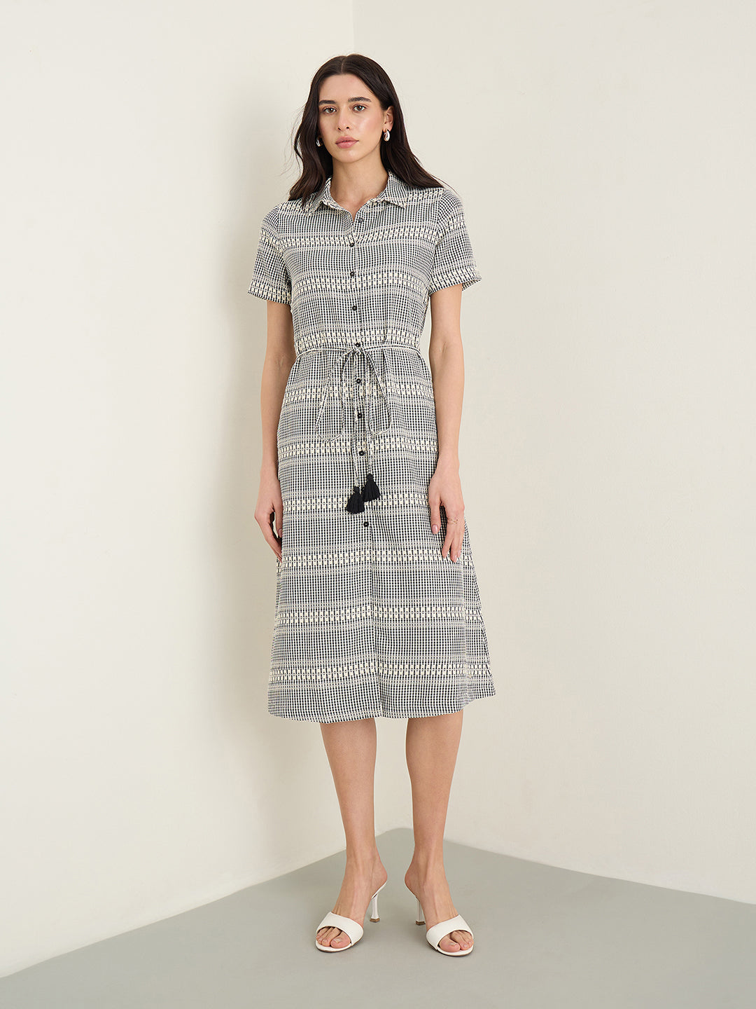 ELLE Women Black Checked Shirt Collar Dress