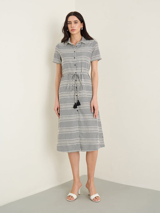 ELLE Women Black Checked Shirt Collar Dress