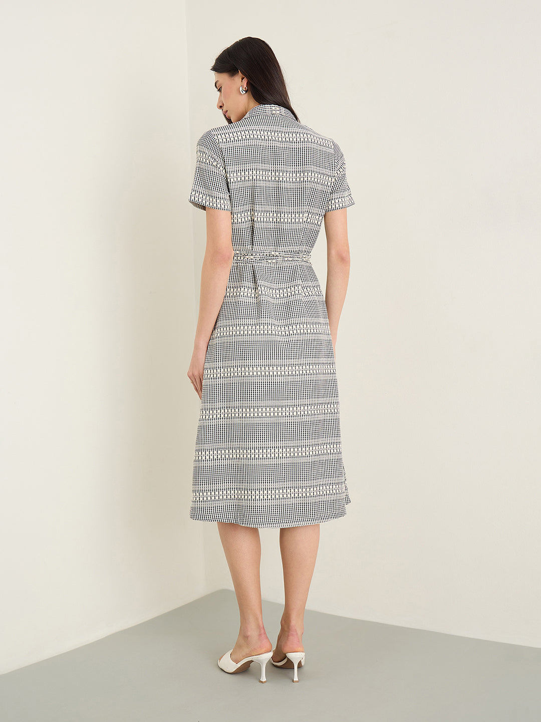 ELLE Women Black Checked Shirt Collar Dress